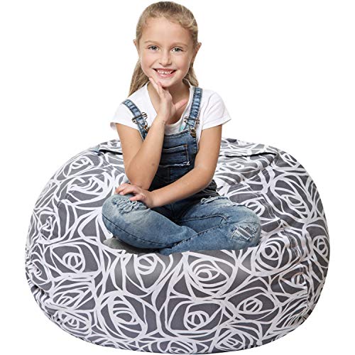 Malinad Stuffed Animal Storage - Cover Only - 90+ Plush Toys Holder and Organizer for Boys and Girls - 100% Premium Cotton Canvas - Grey Roses