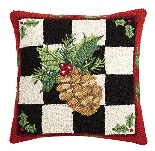 Peking Handicraft 31SERX399C16SQ Checkered Pinecone Hook Pillow, 16-inch Square, Wool and Cotton