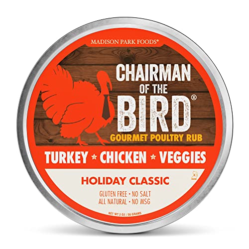 Chairman of the Bird Gourmet Holiday Turkey Rub - Classic Restaurant Herb Seasoning Spice Blend - Prime Rib Beef, Lamb, Fowl Feather - Smoke, Brine, Roast, Grill - All Natural, Gluten Free, No Salt, No MSG, Madison Park Foods, 2 Ounce Tin