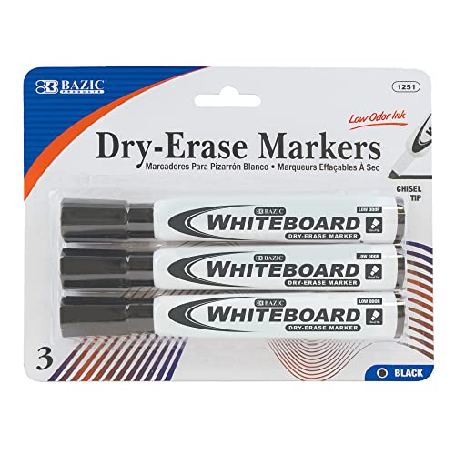 BAZIC Dry Erase Marker Black Color Chisel Tip, Whiteboard Pen Marcador, Low Odor Markers White Board Pens, Office School Supplies (3/Pack), 1-Pack