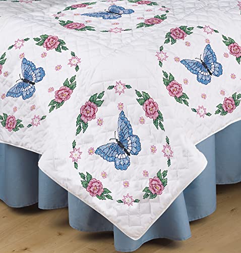 Design Works Crafts Tobin Butterfly/Rose Stamped for Embroidery Quilt Blocks, White