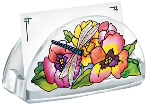 Amia Hand Painted Acrylic Business Card Holder Featuring a Dragonfly and Pansy Floral Design, 4-Inch