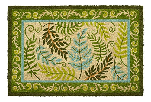 Larry Traverso Fern 100% Coir Doormat, 18 x 30 inches, Slip-Resistant PVC Backing, Green and Teal Leaf Design, Durable, Sustainable
