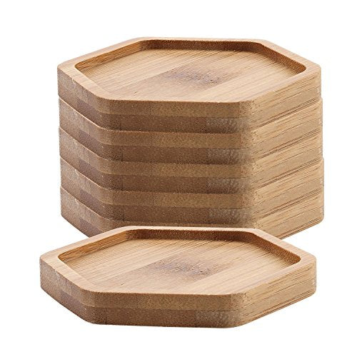 T4U 3 Inch Planter Pot Bamboo Saucer Hexagon Set of 6, Succulent Pot Holder Drainage Tray for Most Small Ceramic Succulent Planters Holding Drainage Water