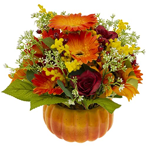 Boston International Fall Autumn Harvest Thanksgiving Tabletop Artificial Bouquet Centerpiece Decoration, 11-Inches, Pumpkin Flower