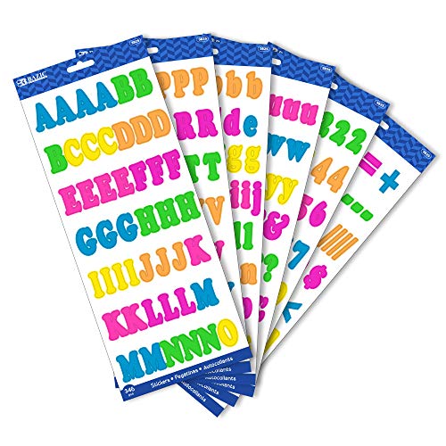 BAZIC 3825 Multicolor Alphabet Numbers Sticker 1-inch, 6 sheets