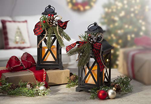 Gerson Set of 2 Battery Operated Lighted Christmas Metal Holiday Lanterns with Floral Accents and Timer