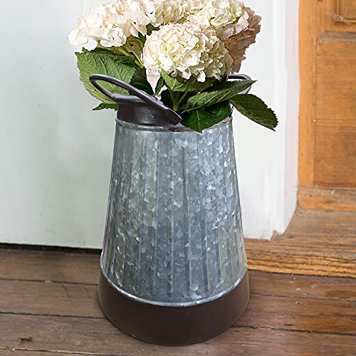 CTW Tapered Corrugated Galvanized Metal Pail Vase Pitcher with 2 handles Rustic Farmhouse Country Decor