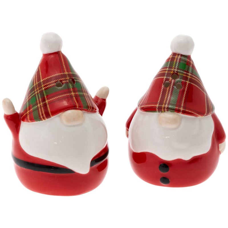 Boston International Christmas Winter Holiday Ceramic Salt & Pepper Shakers, Set of 2, Wallace Plaid Santa Gnome