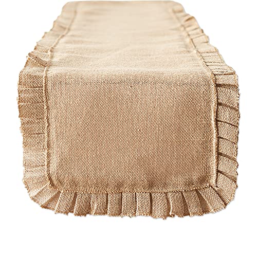 DII Design Jute Burlap Collection Kitchen Tabletop, Table Runner, 14x108, Ruffle Trim Natural