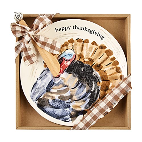 Mud Pie Turkey Harvest Cheese Set, Plate 8.50" Diameter, Spreader 6.25", Dolomite