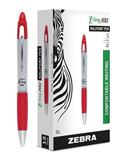 Zebra Pen Z-Grip MAX Retractable Ballpoint Pen, Medium Point, 1.0mm, Silver Barrel, Red Ink, 12-Count