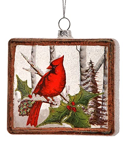 Regency International Cardinal on Branch Hanging Ornament, 4-inch Square, Glass, Red and Green