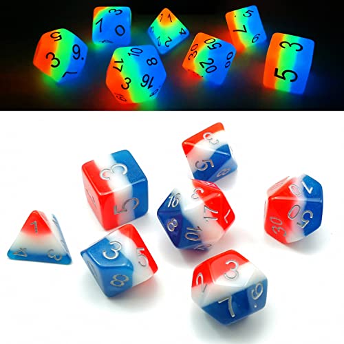 Bescon Dice Glowing Polyhedral Dice 7pcs Set French KISS, Luminous RPG Dice Glow in Dark, DND Role Playing Game Dice