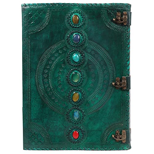 TUZECH Seven Chakra Medieval Stone Embossed Handmade Jumbo Leather Journal Book of Shadows Notebook Office Diary College Poetry Sketch (Domestic Green, 18 Inches)