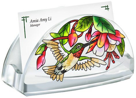 Amia 5783 Hand Painted Acrylic Business Card Holder Featuring a Hummingbird Design, 4-Inch