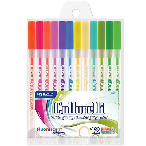 BAZIC 12 Neon Color Collorelli Gel Pen, Rollerball Point Macarons Fluorescent Colors, Coloring Gift Card Painting Writing Art Drawing, 1-Pack