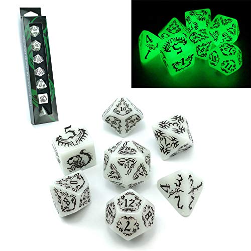 Bescon Dice Dark Elves Glowing Dice Set (7 Piece), Oversized Glow in Dark Carved Role Playing Games RPG Dice Set