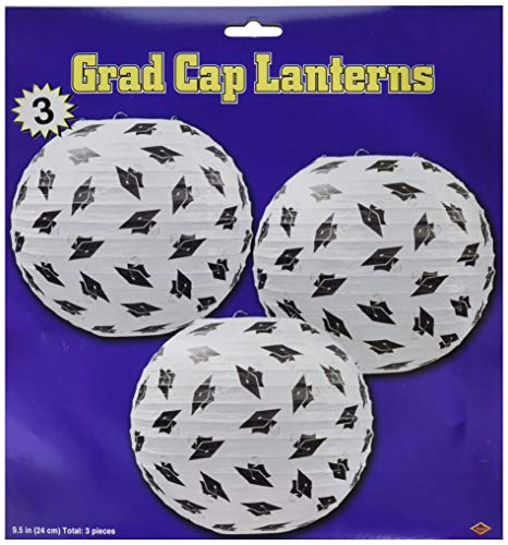 Beistle Graduation Cap Print Round Paper Lanterns, One Size, White/Black