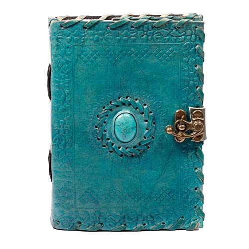 Tuzech Leather Journal Writing Notebook - Handmade Leather Bound Vintage Journal For Women and Men with Lock And Semi-Precious Stone Gift For Art, Travel Diary To Write In 6 by 4 Inches (Ocean Blue)