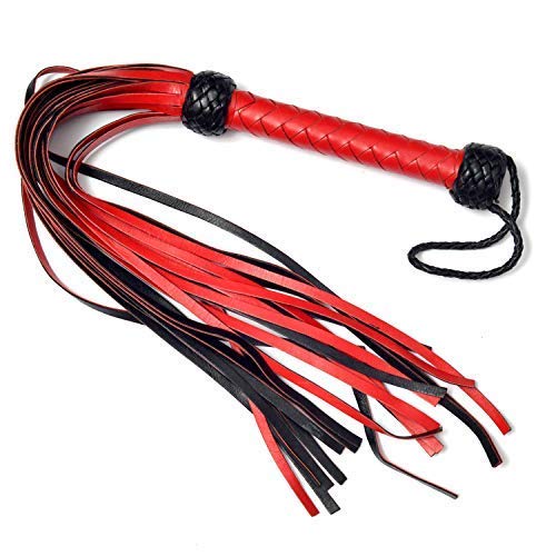 Universe Archery BARE SUTRA Fringe Strips Flogger | Fully Handmade Genuine Leather | Horse & Bull Obedience Training | Braided Heavy Duty Handle with Wrist Wrap | Plait Weaved Riding Crops Whip (3 feet, Red & Black)