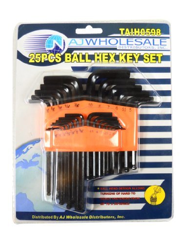 EZ Travel Distribution 25 Piece Set of Allen Wrench Hex Key w/Ball Hex Side for Hard Angle Jobs (SAE and Metric)