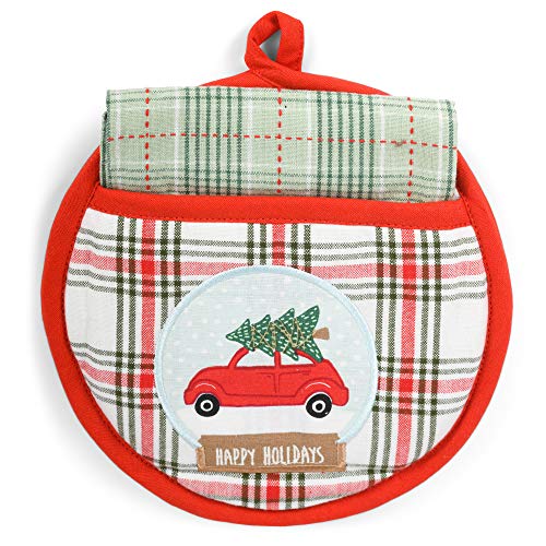 DII Design Happy Holidays Round Vintage Red Car Decorative Tabletop Water Snow Globe and Potholder Set