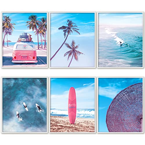 Aesthetic California Beach Ocean Surf Posters for Home - 8x10 Inches UNFRAMED Set of 6 Wall Art  Pink Retro Watercolor Prints Pictures Decor Decorations Gifts for Living Room, Home Decorations by PRINT&