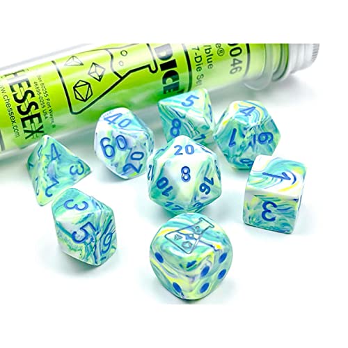 Garden Festive Luminary Dice with Blue Numbers 7+1 Dice Set 16mm (5/8in) Limited Edition Lab Dice Chessex