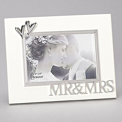 Roman Mr & Mrs 2 Hearts Ivory With Silver Tone Accents 9 x 7 Wood Photo Frame