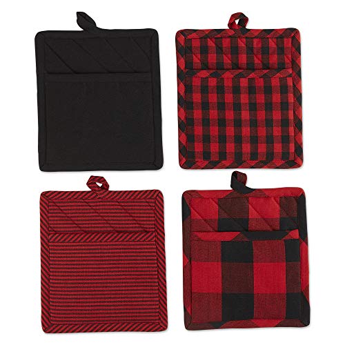 DII Design Gingham Check Kitchen Collection, Red/Black, Potholder Set