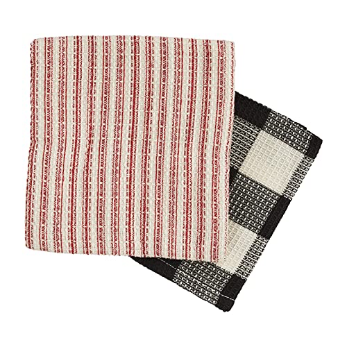 Mud Pie Christmas Set of 2 Dish Towels, Red Stripe and Black Check, 26" x 18"