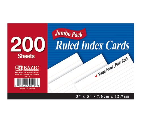 BAZIC 200 Ct. 3" X 5" Ruled White Index Card