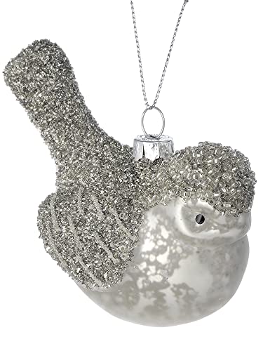 Regency International Beaded Bird Hanging Ornament, 4-inch Height, Mercury Glass, Platinum