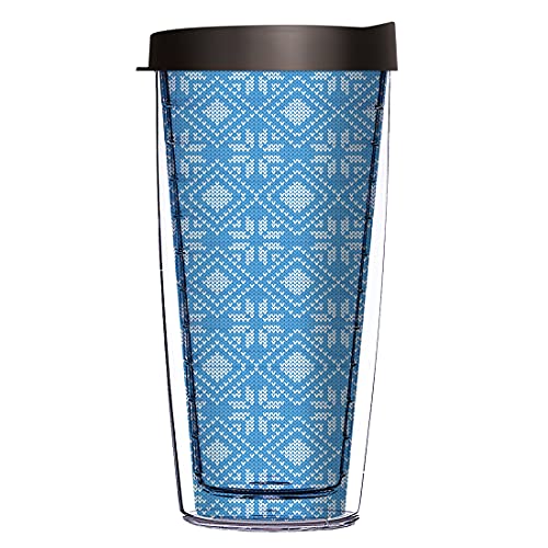 Comfy Hour Blue Knitting Pattern in Christmas Snowflake Design 16 oz Tumbler with Matching Color Lid