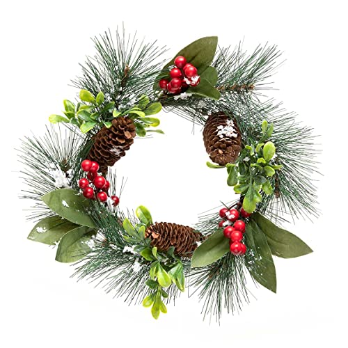 MeraVic Chalet Christmas Mini Wreath & Candle Ring with Wired Stems, Snow, Real Pinecones and Red Berries 14 Inches, Inner Ring 6.5 Inches - Christmas Decoration