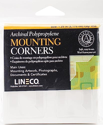 Lineco, Archival Polypropylene Mounting Corners, Self Adhesive, Pressure Sensitive, Non-Yellowing, Acid-Free, 1.25 Inches (3,175 Centimeter), Mount Artwork Photographs DIY (Pack of 250) Clear