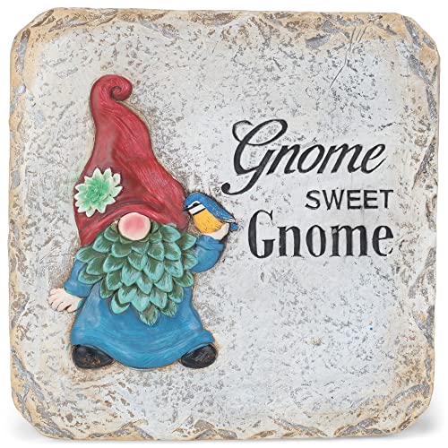 Napco Succulent Gnome with Bird 10 Inch Square Red Blue Concrete Stepping Stone