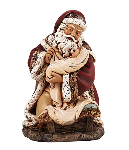 Christian Brands Adoring Kneeling Santa Holding Infant Jesus Painted Resin Christmas Statue, 7 Inch