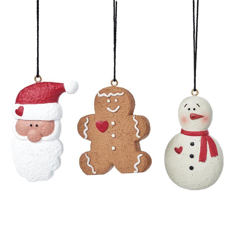 Blossom Bucket Gingerbread, Snowman and Santa Christmas Ornaments, Set of 3