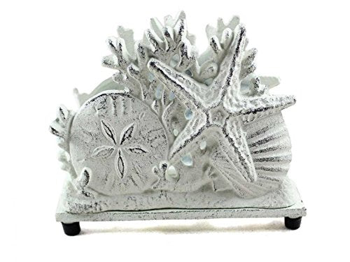Hampton Iron Handcrafted Nautical Decor Rustic Whitewashed Cast Iron Seashell Napkin Holder 7" - Decorative Sea Shell -