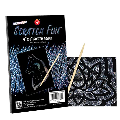 Hygloss Products Fun, Black Matte Scratch Art Set for Kids, Kit Includes 50 Silver Holographic Papers, 4 x 6 Inches and 10 Wooden Stylus Sticks
