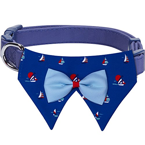 Blueberry Pet Summer Vacation Beach Nautical Sailboat Bandana Dog Collar with Bow Tie, Navy Blue, Medium, Neck 14.5"-20", Adjustable Collar for Puppy Boy Girl Dogs