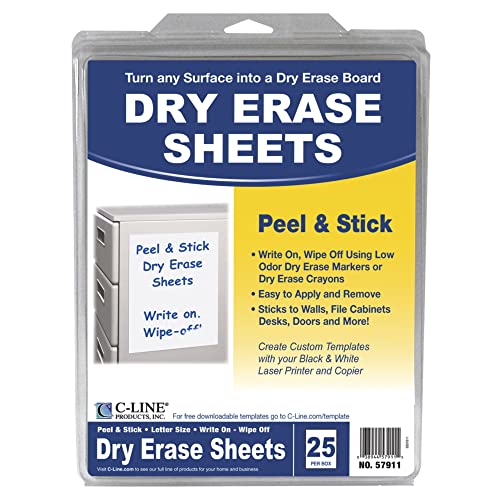 C-Line Peel and Stick Dry Erase Sheets, 11 x 8.5 Inches, 25 per Box (57911)