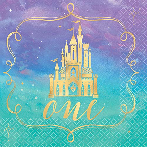 Amscan "Disney Princess" 1st Birthday Metallic Beverage Party Napkins, 5" x 5", 16 Ct.