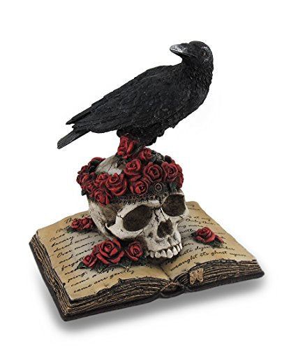 Unicorn Studio Veronese Design Perched Raven On Rose Skull and Open Poetry Book Statue