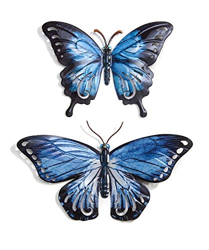 Giftcraft Set of 2 Metal Blue and White Butterfly Hanging Wall Art, 10.5 Inches and 14 Inches, 2 Designs