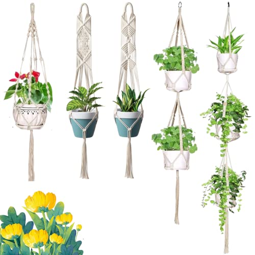 ecofynd Macrame Cotton Plant Hanger [Without Pot] | Rope Flower Pot Holder for Indoor Outdoor Balcony Patio Terrace Garden | Home Decor (Pack of 5 - COM05)