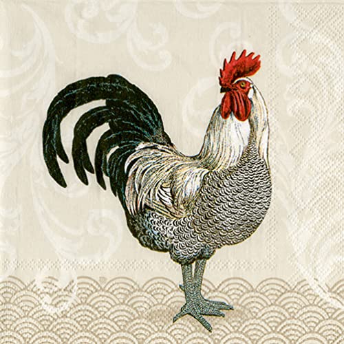 Abbott Collection 89-LPN-DP-8560 Large Mr Rooster Napkins. 20 Pack, 6.5"SQ, Taupe/Black