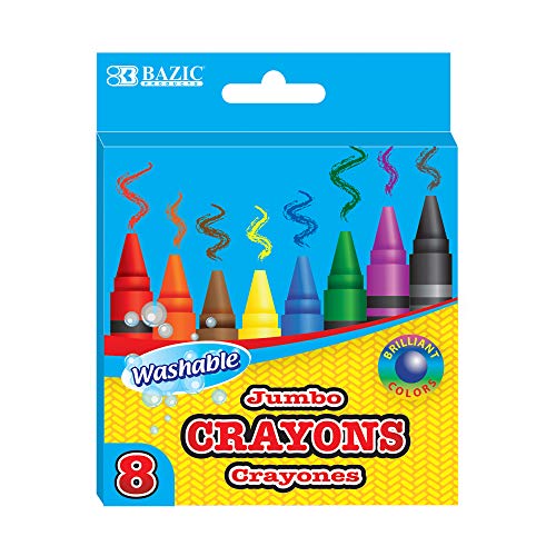 BAZIC 8 Color Washable Premium Jumbo Crayons, Coloring Set, School Art Creative Gift for Kids Age 3+, 1-Pack